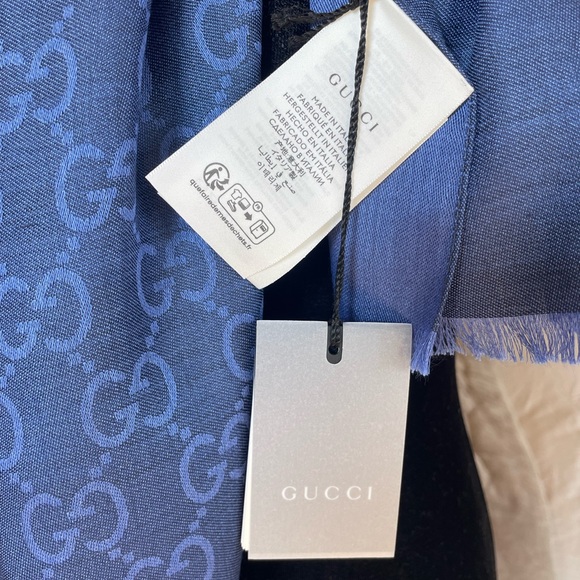 NWT Gucci GG Logo Saphire Sky Blue Monogram Wool Silk Jacquard Long Scarf Wrap - Picture 8 of 9